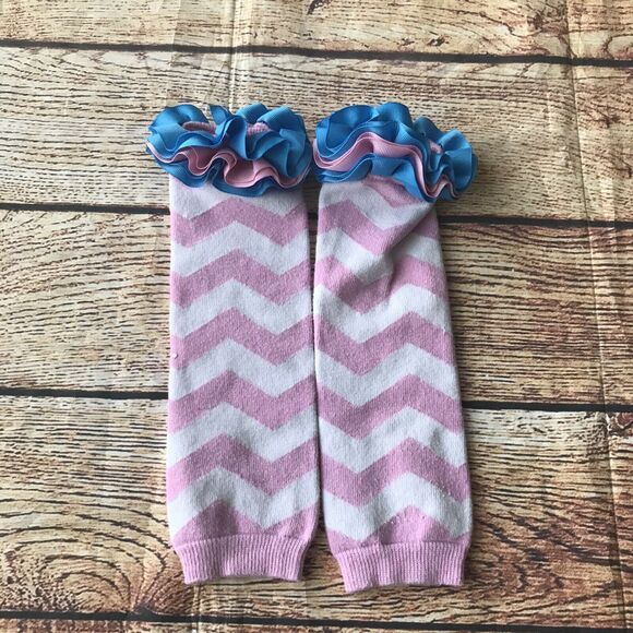 Chevron Baby Toddler Leg Warmers Pink Chevron Blue Ruffle - Picture 1 of 5